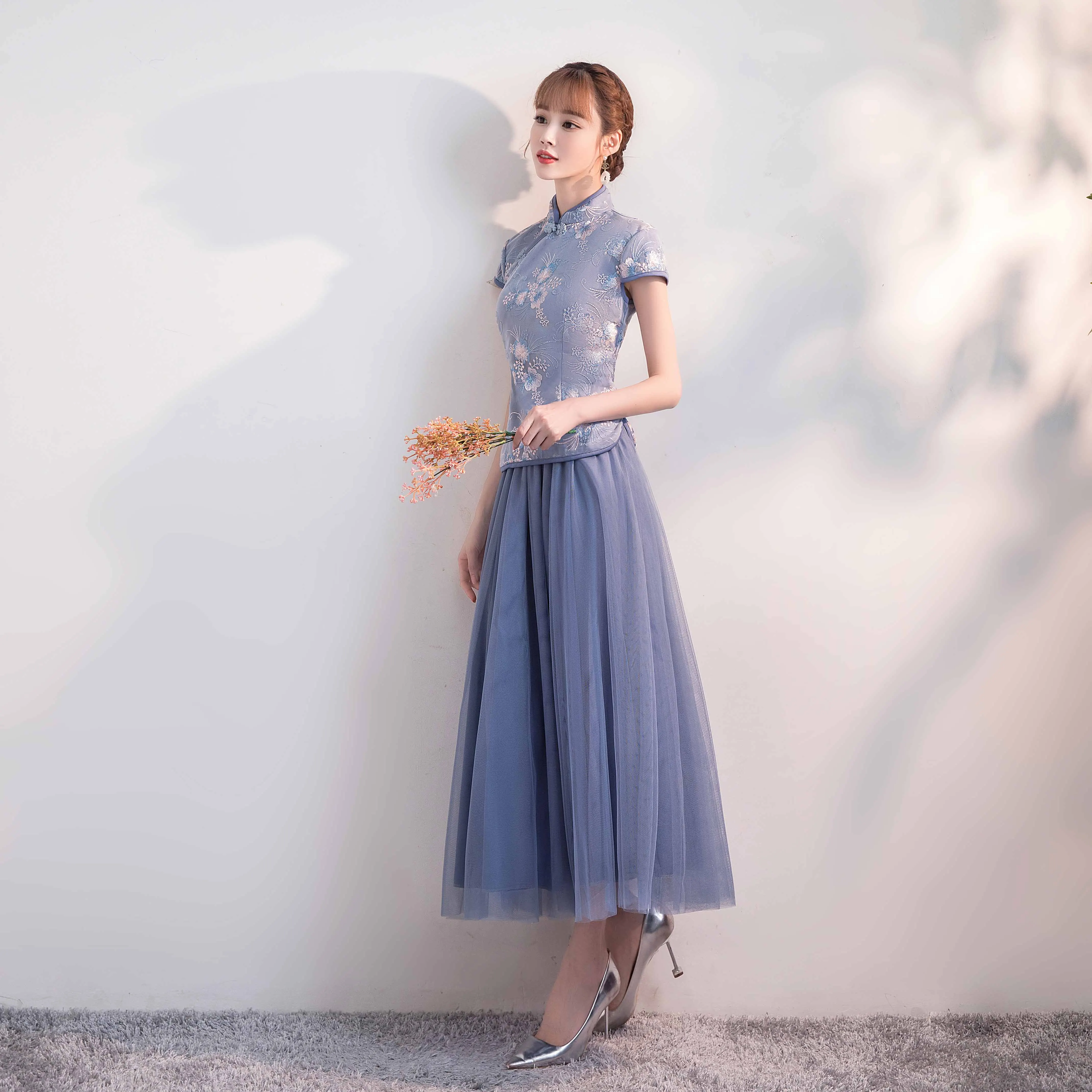 Женское платье с вышивкой синее фатиновое для свадебной вечеринки выпускного