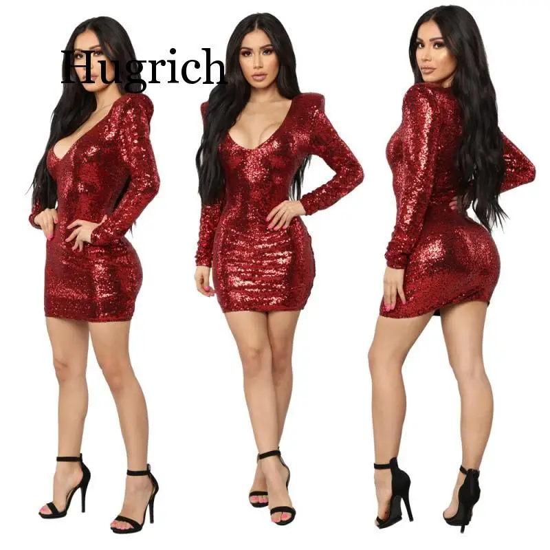 

Sequin Women Dress Fashion2020 Party Dresses Womens Long Sleeve V neck Sequined Slim Mini Dress Short Wrap Sexy Wear