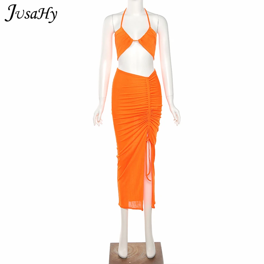 

Jusahy Sexy Ribbons Ruched Two-Piece Sets Women's Clothing Bandage Halter Elegant Crop Top+Silt Skirt Suits Clubwear