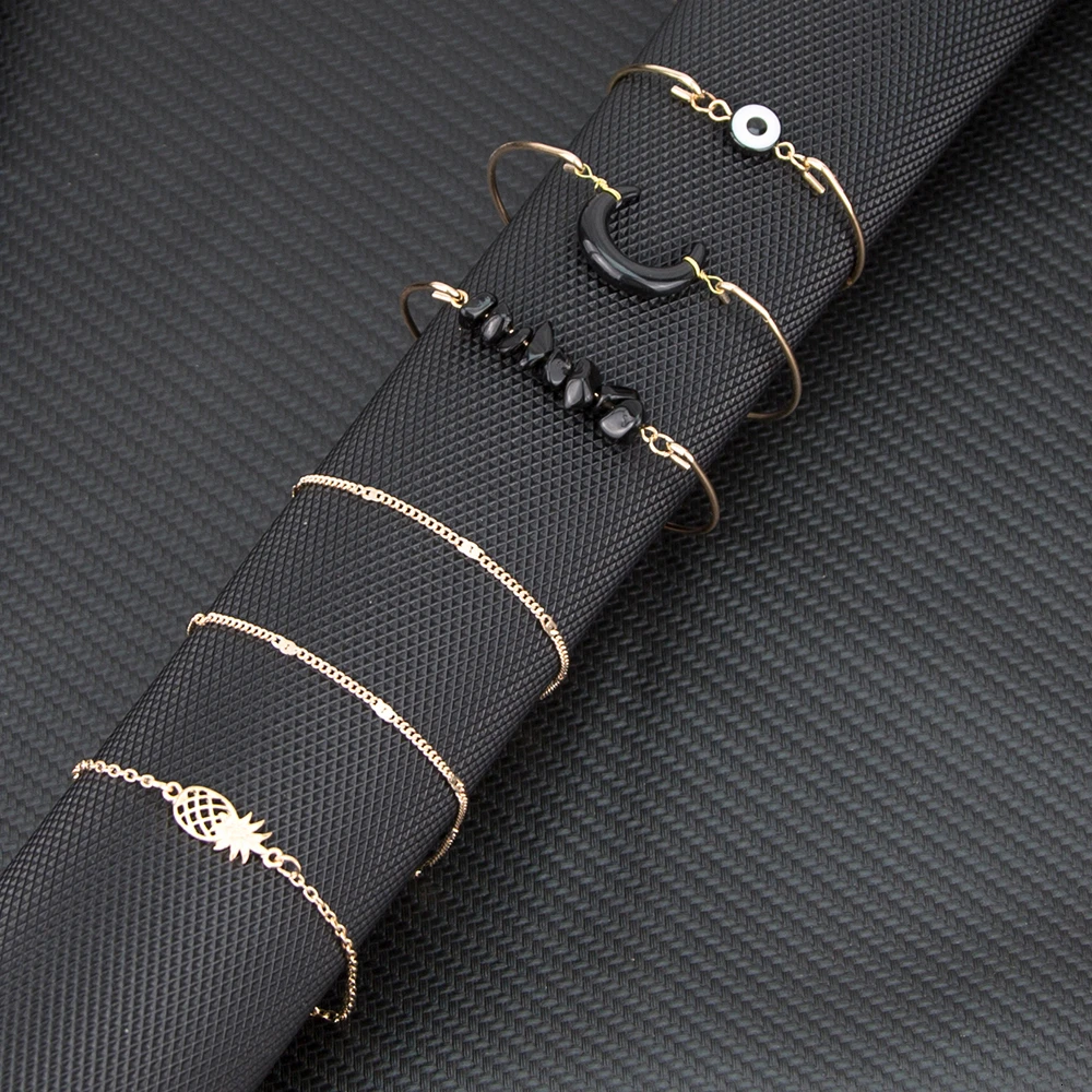 6 PCS/set Bohemian Black Beads Chain Bracelets Bangles For Women Fashion Pineapple Moon Sets Jewelry Gift | Украшения и