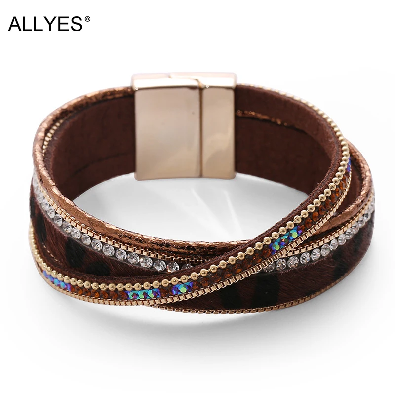 

ALLYES Bohemian Beige Leopard Genuine Leather Bracelets for Women Fashion Rhinestone Wrap Bracelet Bangle Female Jewelry Gifts