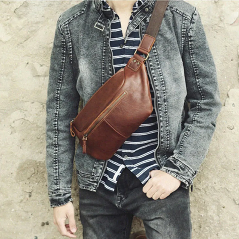 Retro Casual  first layer cowhide chest bag natural real cowhide men's waist bag fashion handmade brown Shoulder Messenger Bag