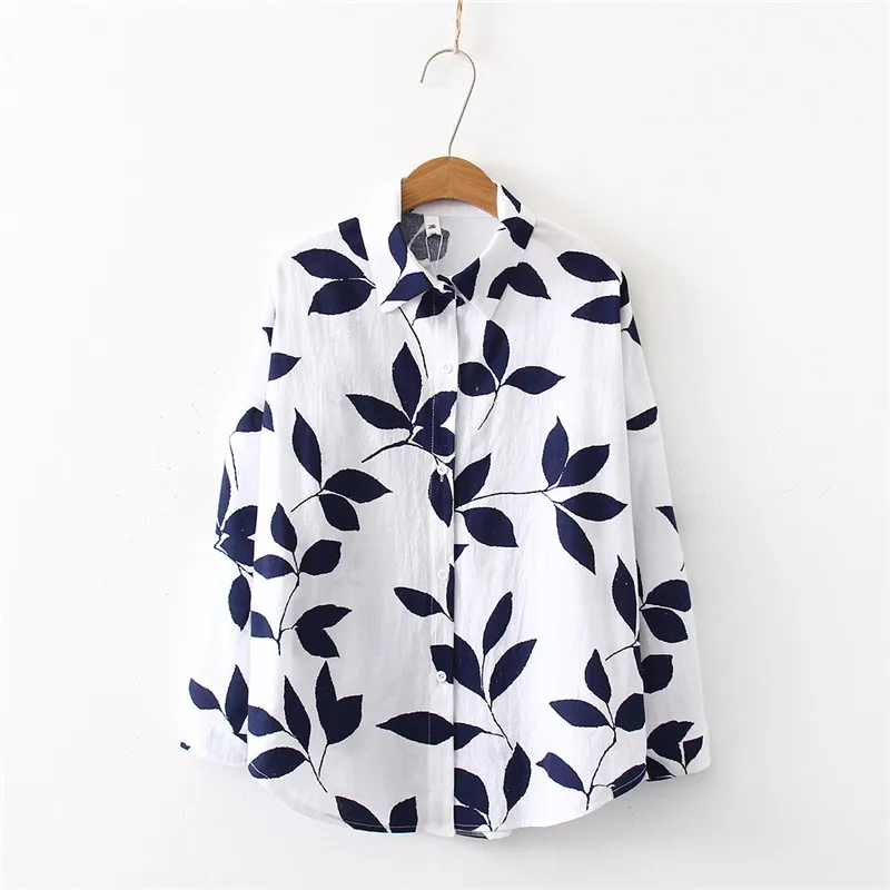 

New Arrival Autumn Leaf Print Full Sleeve Cotton Blouse Loose Elegant Chic All Match Top Fashion Lovely Plus Size Shirt