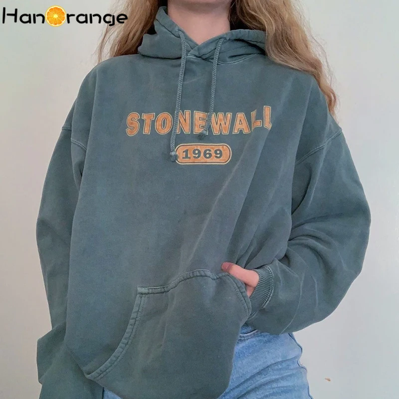 

HanOrange Американский Ретро серый синий с капюшоном с буквенным принтом женские свободные Bf Lazy Style Ins