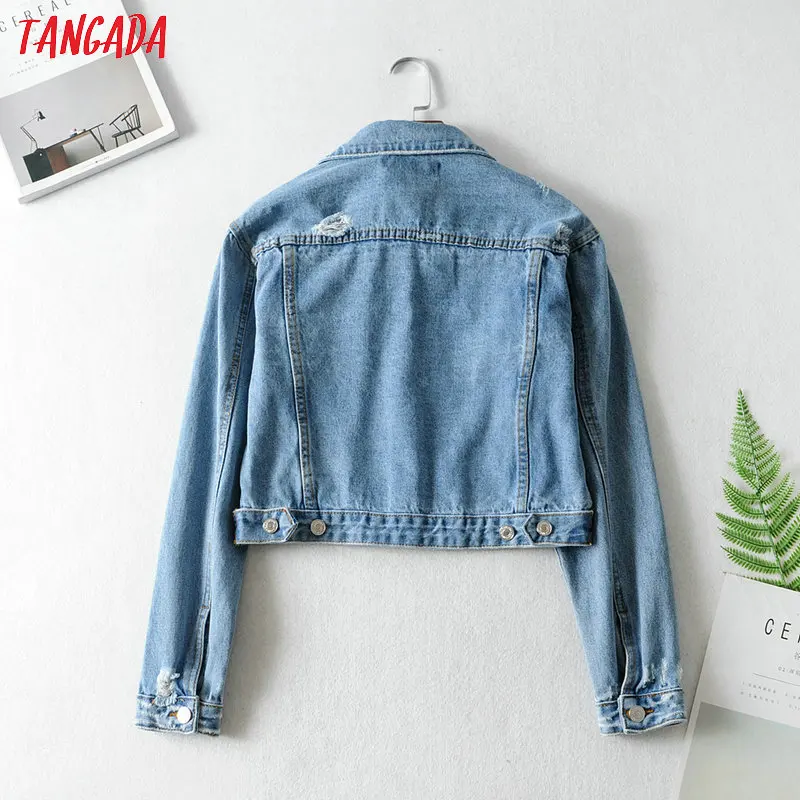 Tangada women short style denim jacket jeans korean fashion pockets short style jacket coat female high street tops FN106