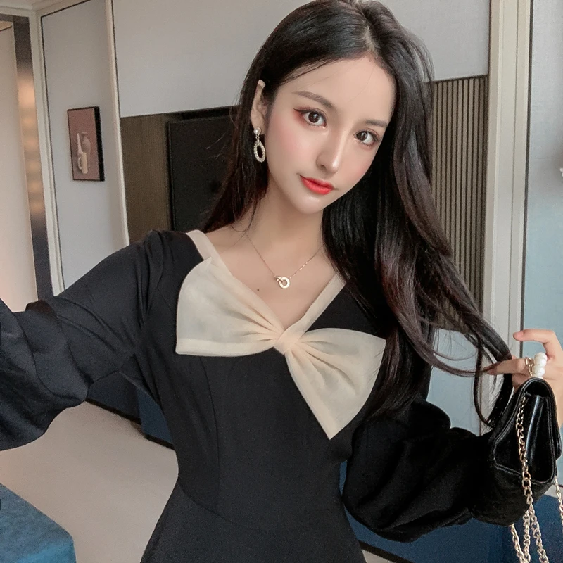 Французское платье в стиле ретро Новинка осени зимы 2019 приталенное черное с