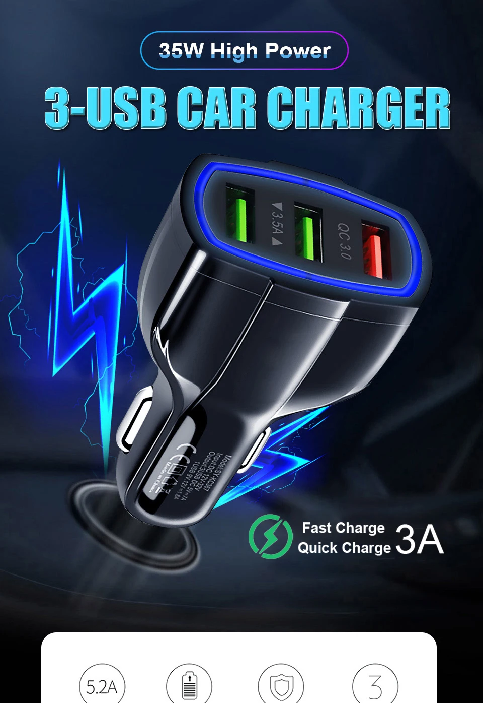 QC 3,0 3 USB Автомобильное зарядное устройство Quick Charge 3,0 3 порта быстрое зарядное устройство для автомобильного телефона зарядный адаптер с USB магнитным кабелем для iphone