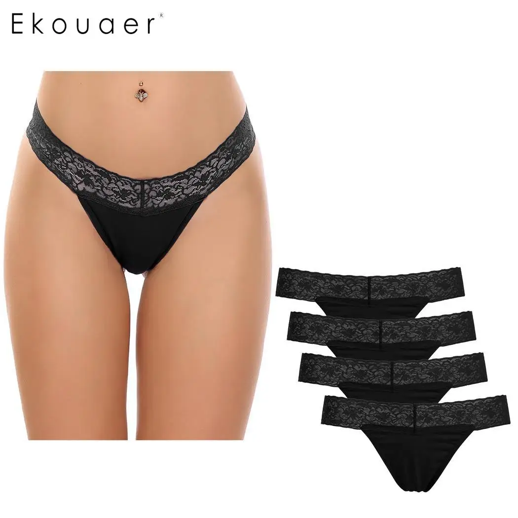 Ekouaer/4 шт., женское мягкое белье, трусики, комплект с кружевной отделкой, стринги, хлопковые трусы, нижнее белье, интимное бесшовное сексуальное нижнее белье s-xxl