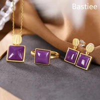 bastiee gold plated purple stone 925 sterling silver jewelry sets for women ring neclace pendants drop earrings luxury gift set