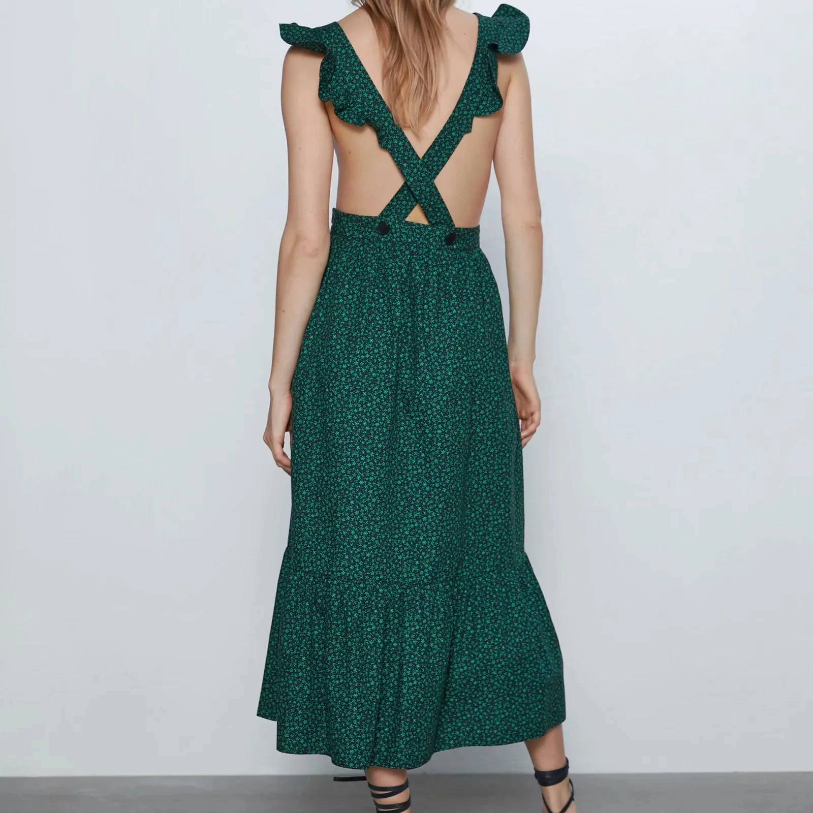 Женское платье ZA зеленое с цветочным принтом гофрированное сексуальное открытое