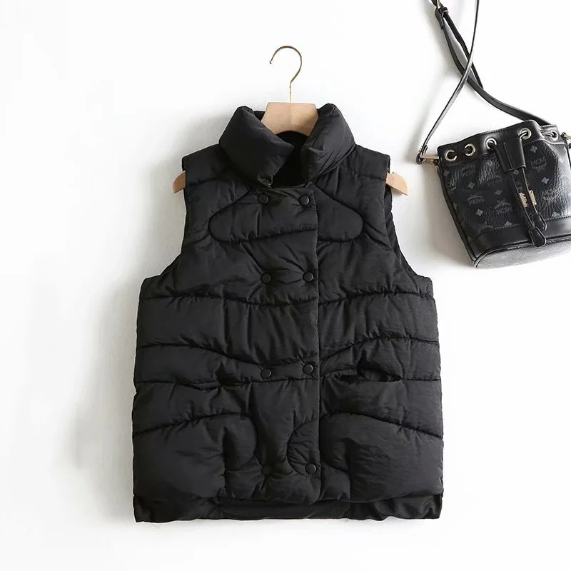 Черный Autumn Winter Vest Solid Collar Double-Breasted Cotton Vest Jacket Female Casual Warm Vests Women's Sleeveless Jacket Coat - Цвет: Черный
