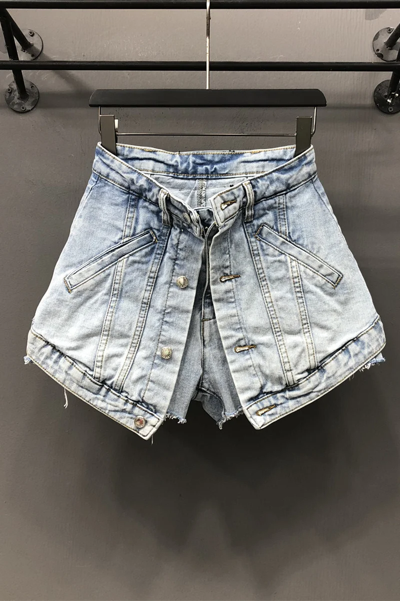 

IEQJ Metal Buttons Light Blue Denim High Waist Shorts Fashio New Summer Women Fake Two Pieces Hots XXXL 3H0001