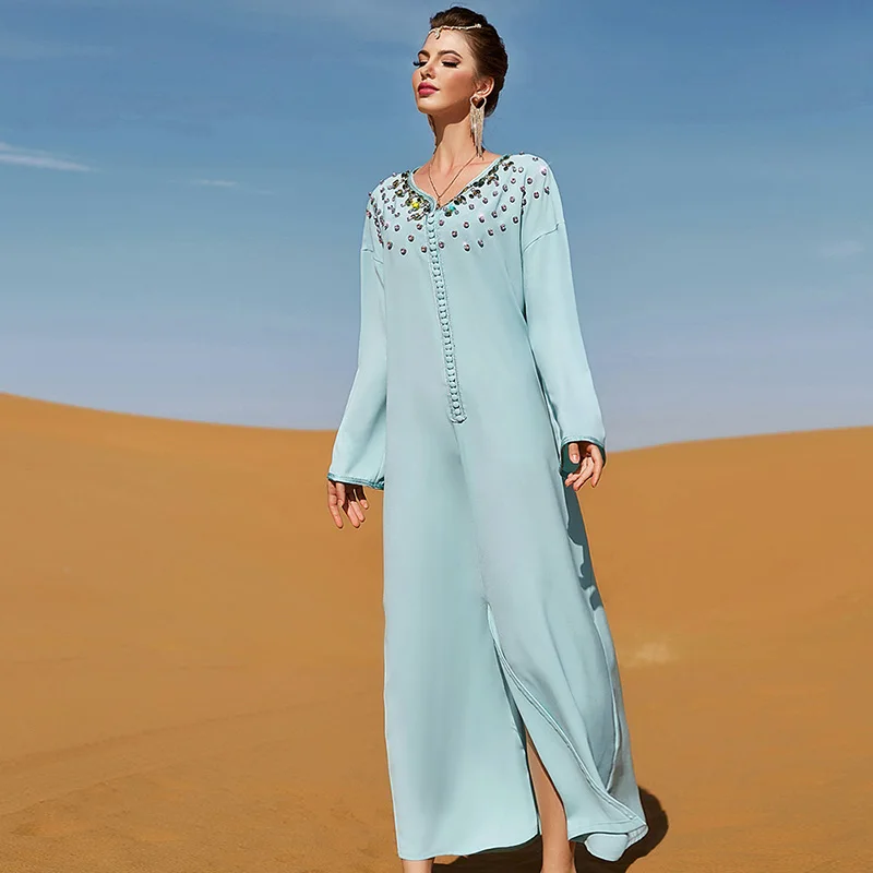 ИД мусульманская индонезийская мода платье вырез вышивка сверление Пакистана исламский бахрейни одежда свободный Дубай Египетский Халат