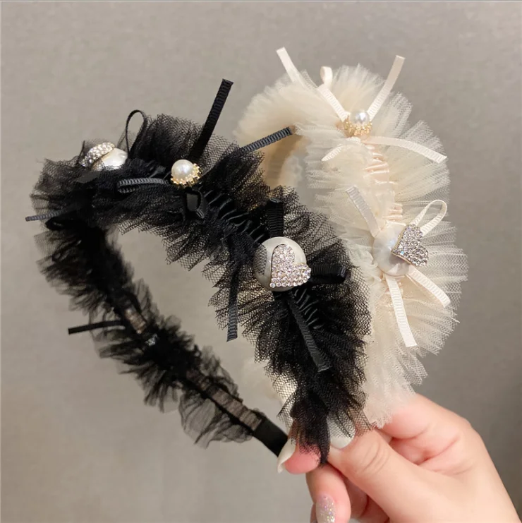 

New lace pearl water brick bowknot hairbands simple and refined fashion fold lace headbands
