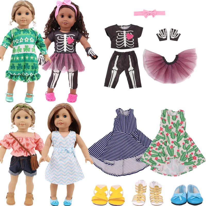 For 18 Inch American Doll Girls & 43 Cm New Born Baby Items,Doll Dress T-shirt + Jeans/Dress,Dolls Accessories For Clothes,Shoes
