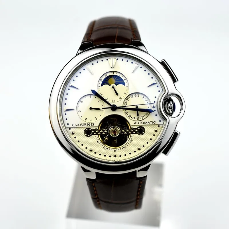 CASENO бренд Роскошный кожаный ремешок tourbillon механические Автоматические Мужские часы дропшиппинг день дата Круглый Скелет Мужские золотые часы