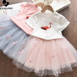 Two-piece Girls Clothing Sets Summer 2022 Baby Girls Flamingo Print Short Sleeve T Shirts with Mesh Pleated Skirt Clothes Suit