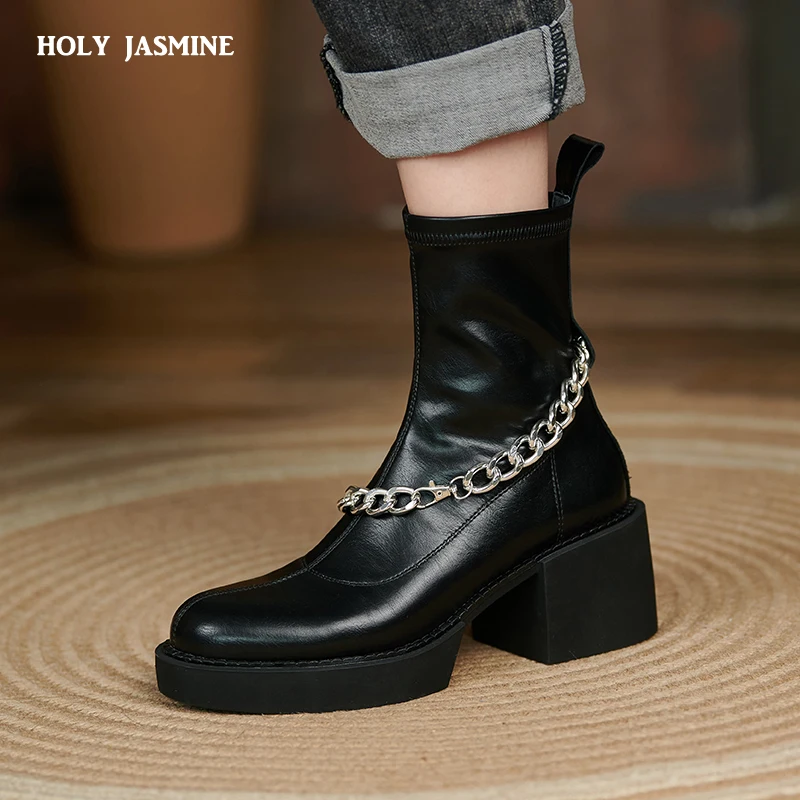 

Женские ботильоны из натуральной кожи, на высоком квадратном каблуке