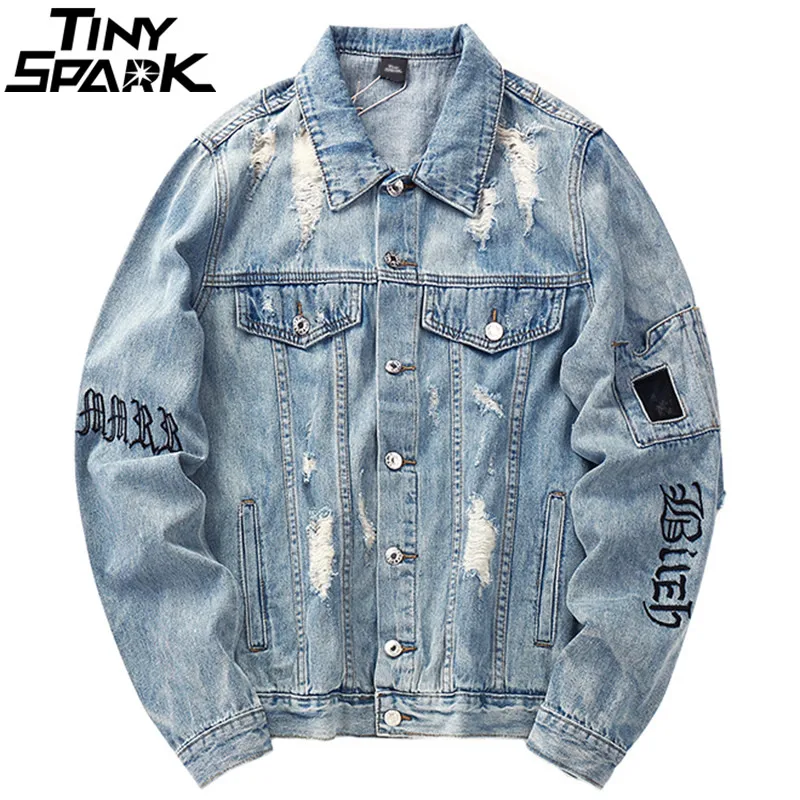 

Mens Denim Bomber Jackets Ripped Holes Vintage Gothic Letter Embroidery Short Jacket Jeans Distressed Streetwear Hip Hop 2021