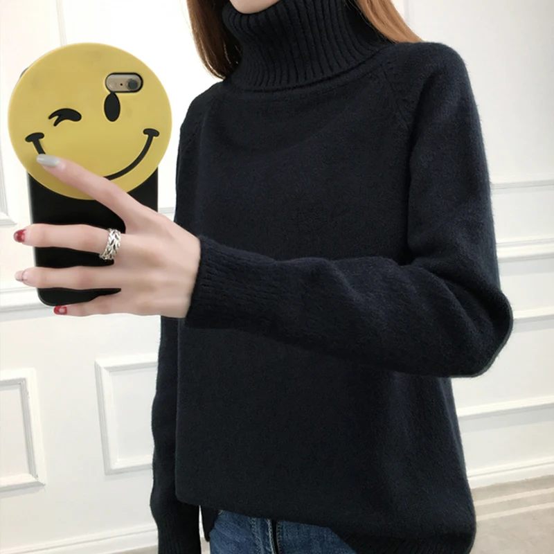 

Ailegogo Turtleneck Oversized Sweater Women Autumn Winter Solid Knitted Pullover Korean Style Long Sleeve Casual Female Knit Top