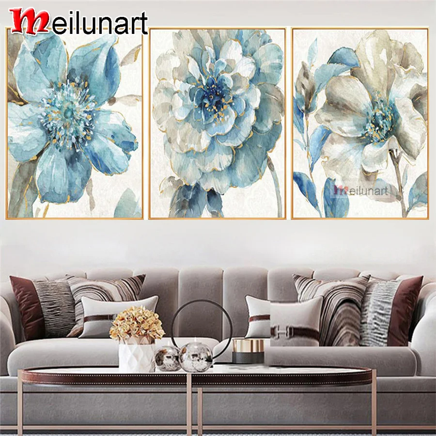 

Abstract blue flower diy mosaic 5d diamond painting triptych full square round drill diamond embroidery kits decoration AS1118