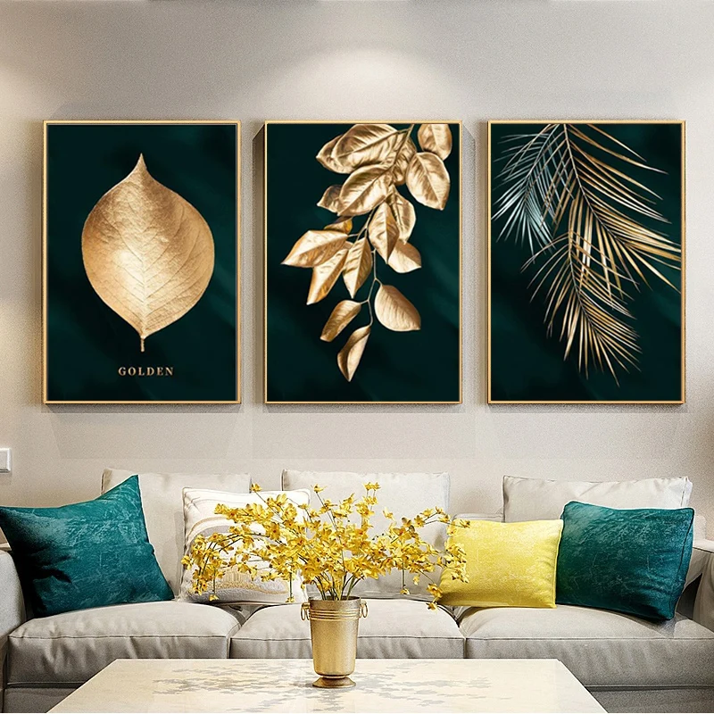 

Abstract Golden Plant Leaves Wall Poster and Print on Canvas Nordic Style Canvas Wall Art Pictures for Living Room Decoration