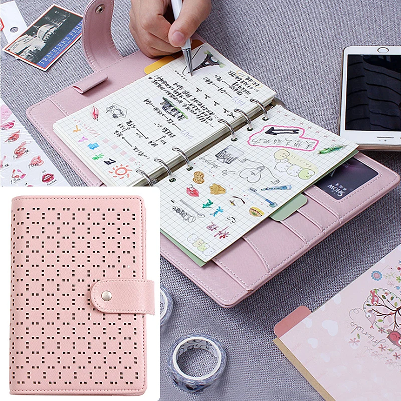 

A5 A6 Wtih inner paper Hollow leather spiral loose leaf notebook Binder Notepad Business Daily Memos Planner Cover Macaron