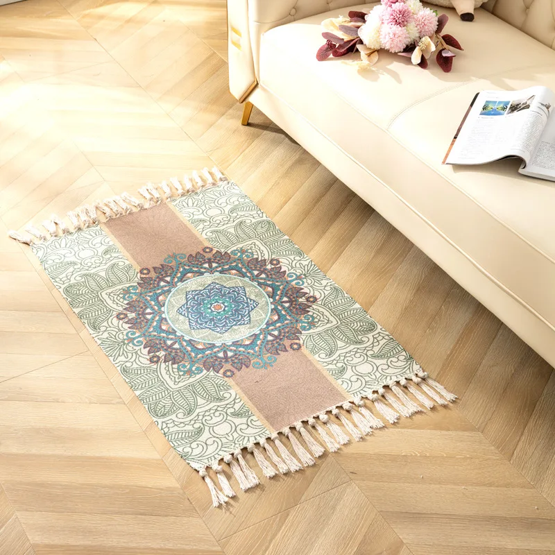 

60x90cm Bohemian Style Tassels Carpet Simple Cotton Linen Retro Ethnic Style Mats Non-slip Living Room Bedroom Bedside Mats