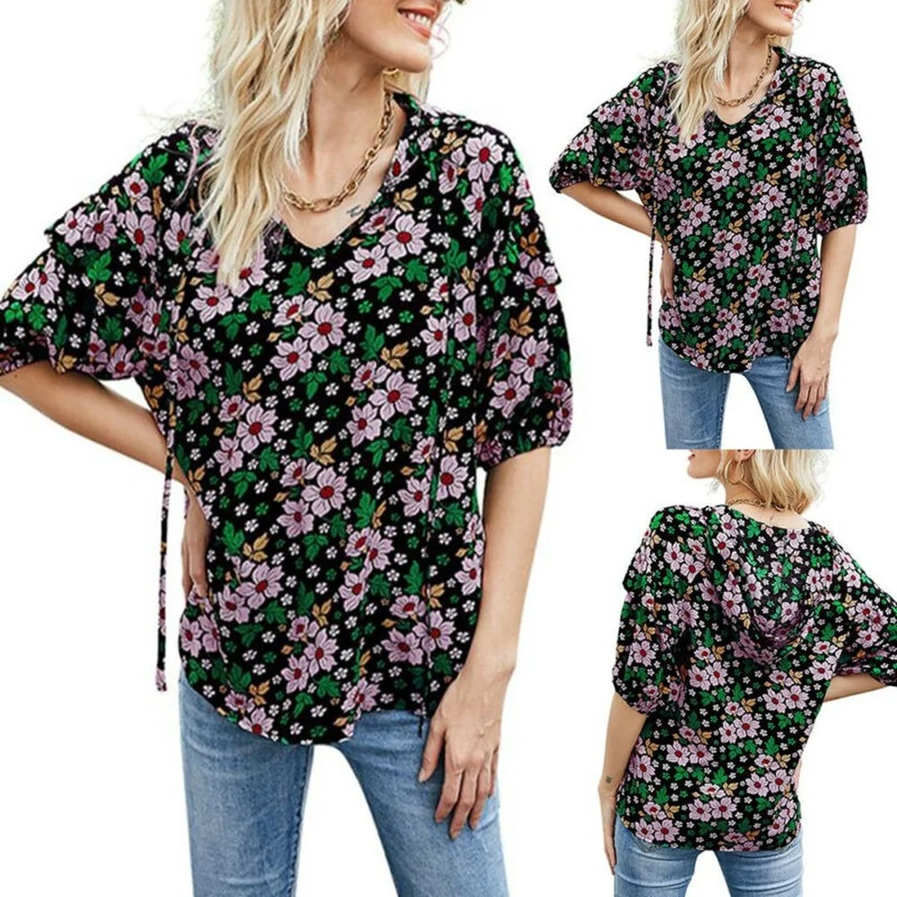 

Women's V-Neck Floral Printed Half Sleeve T-Shirt Smmer Casual Blouse Baggy Top