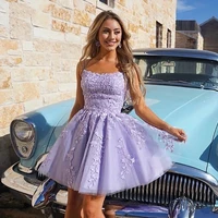mini lilac homecoming dress 2021 above knee spaghetti straps lace appliques sleeveless tulle sweet short party prom gown