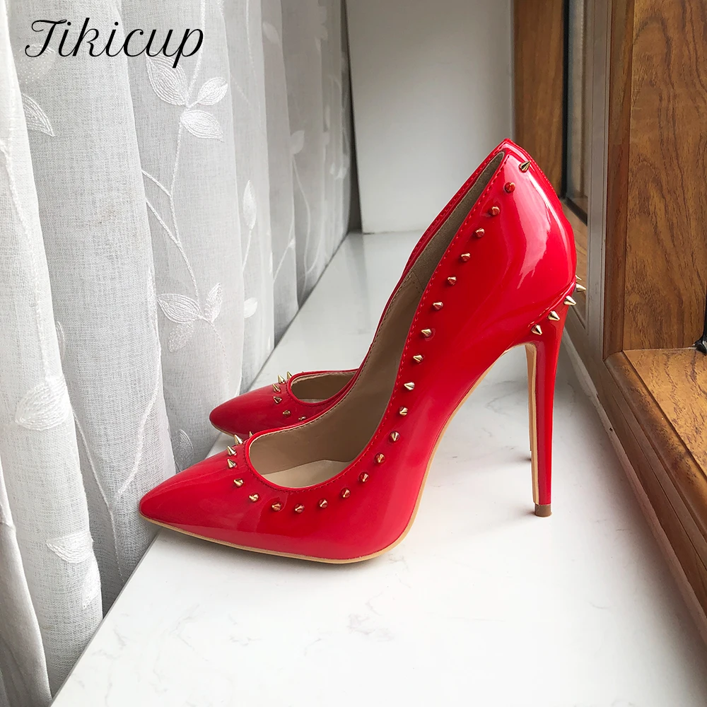 

Tikicup Red Patent Women Sexy Pointy Toe Slip On High Heel Wedding Party Dress Shoes with Spikes Studs Designer Stiletto Pumps