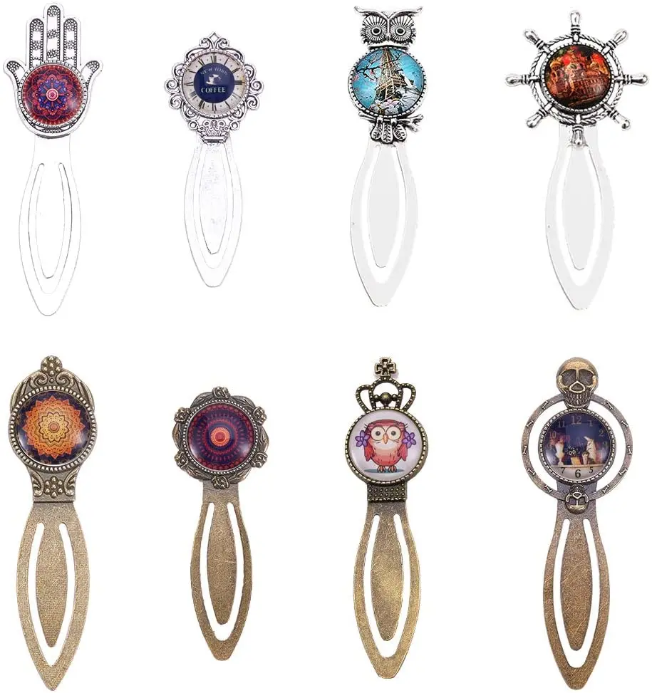 

16 pieces of 2 color owl handmade bookmark pendant tray set 8 pieces of metal 8 pieces of oval round transparent glass