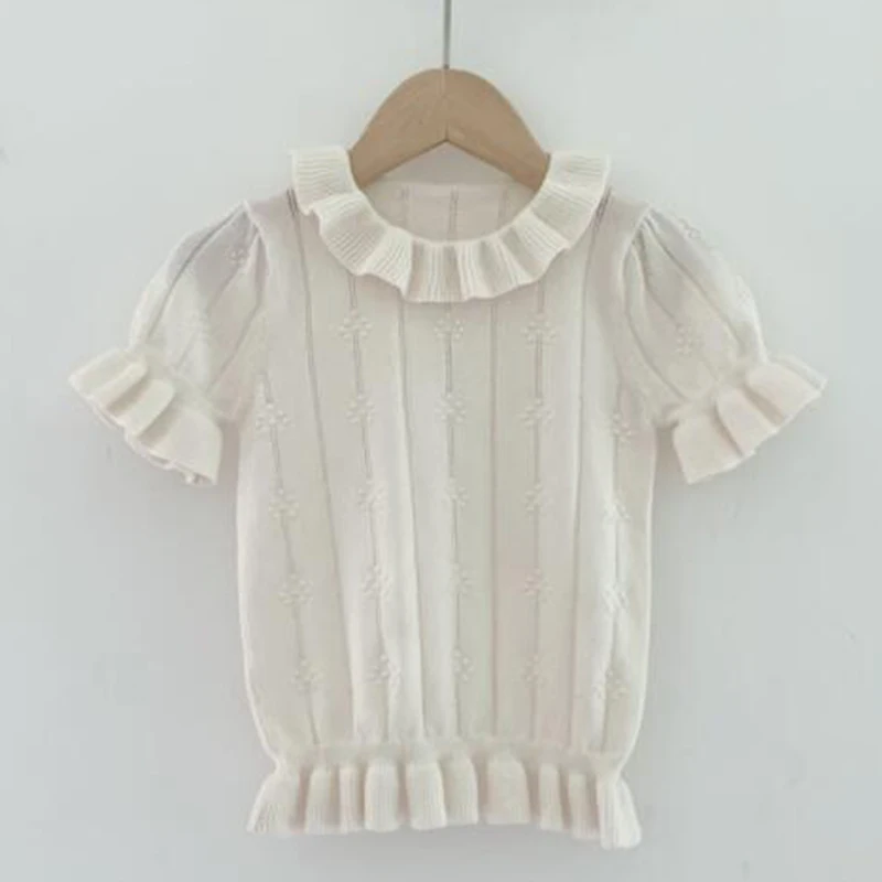 

Summer Baby Girls Short Sleeve Solid Pullover Sweater Children Knitted Sweaters Hollow Breathable Kids Knitting Sweaters