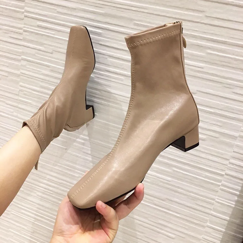 Туфли из мягкой кожи белый носок женские ботинки с квадратным каблуком брендовая