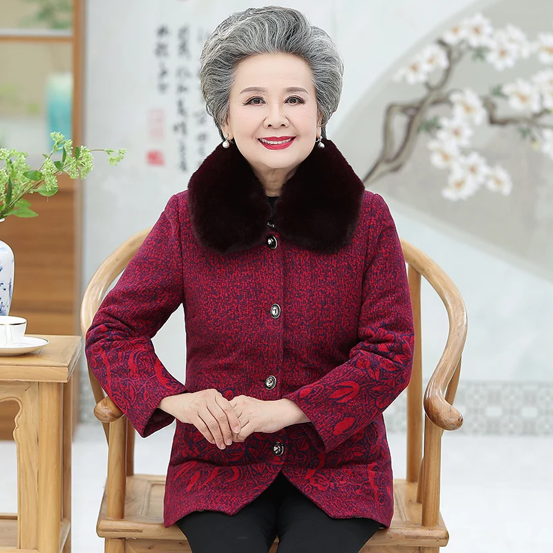 Женское зимнее бархатное теплое пальто для пожилых женщин с меховым воротником