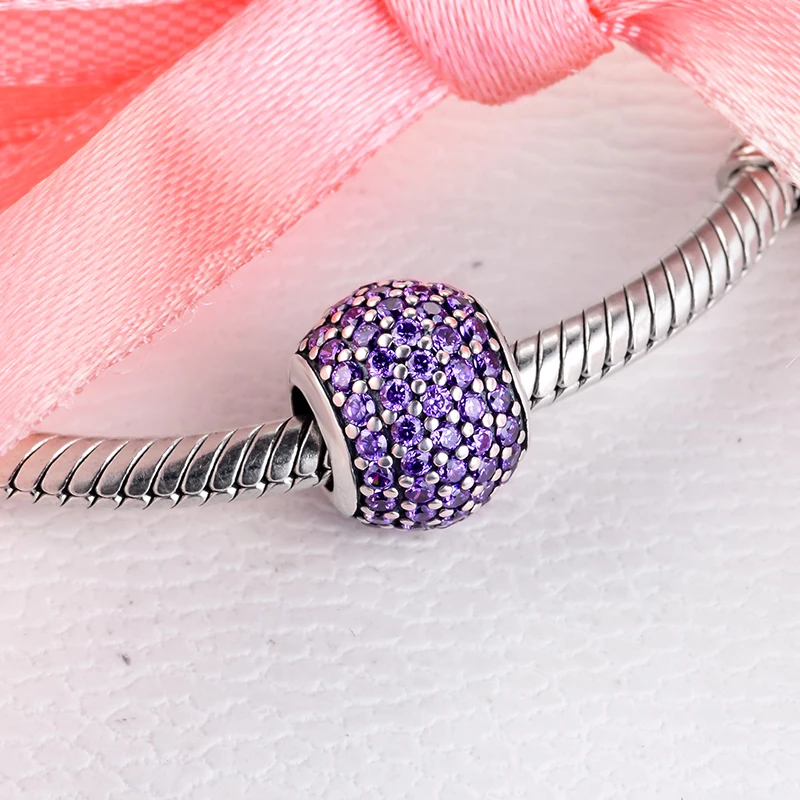 Подходят для браслетов Pandora бусины из серебра 100% пробы с фиолетовым кубическим