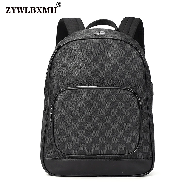 

ZYWLBXMH USB Plug Bagpack Outdoor Travel Backpack Waterproof PU Leather Backpacks Classic Plaid Bag Men's Bag Mochila Hombre