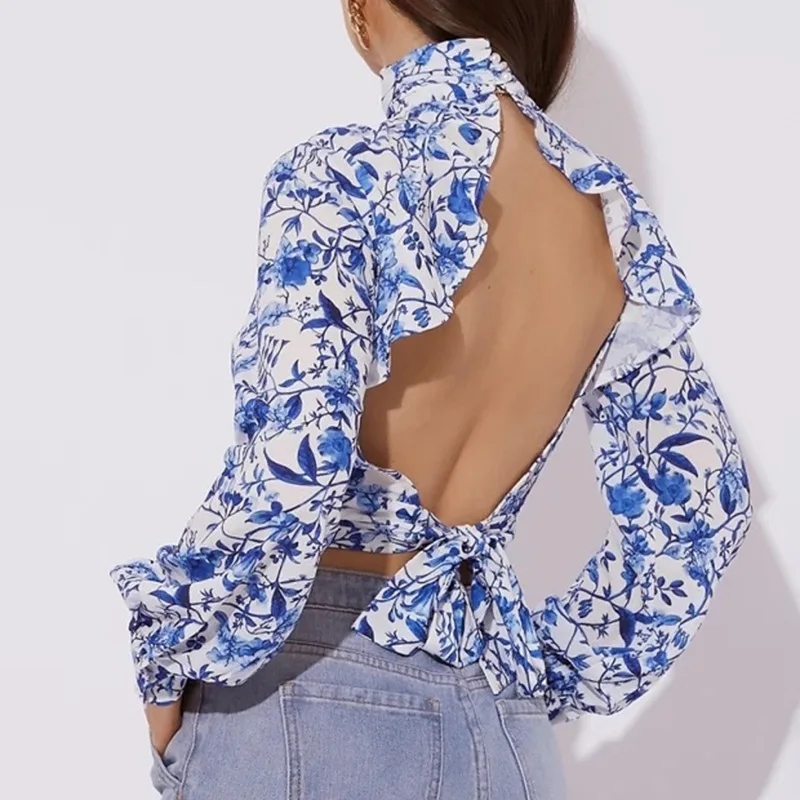 Осенняя Цветочная блузка с открытой спиной пикантный женский водолазки рукав