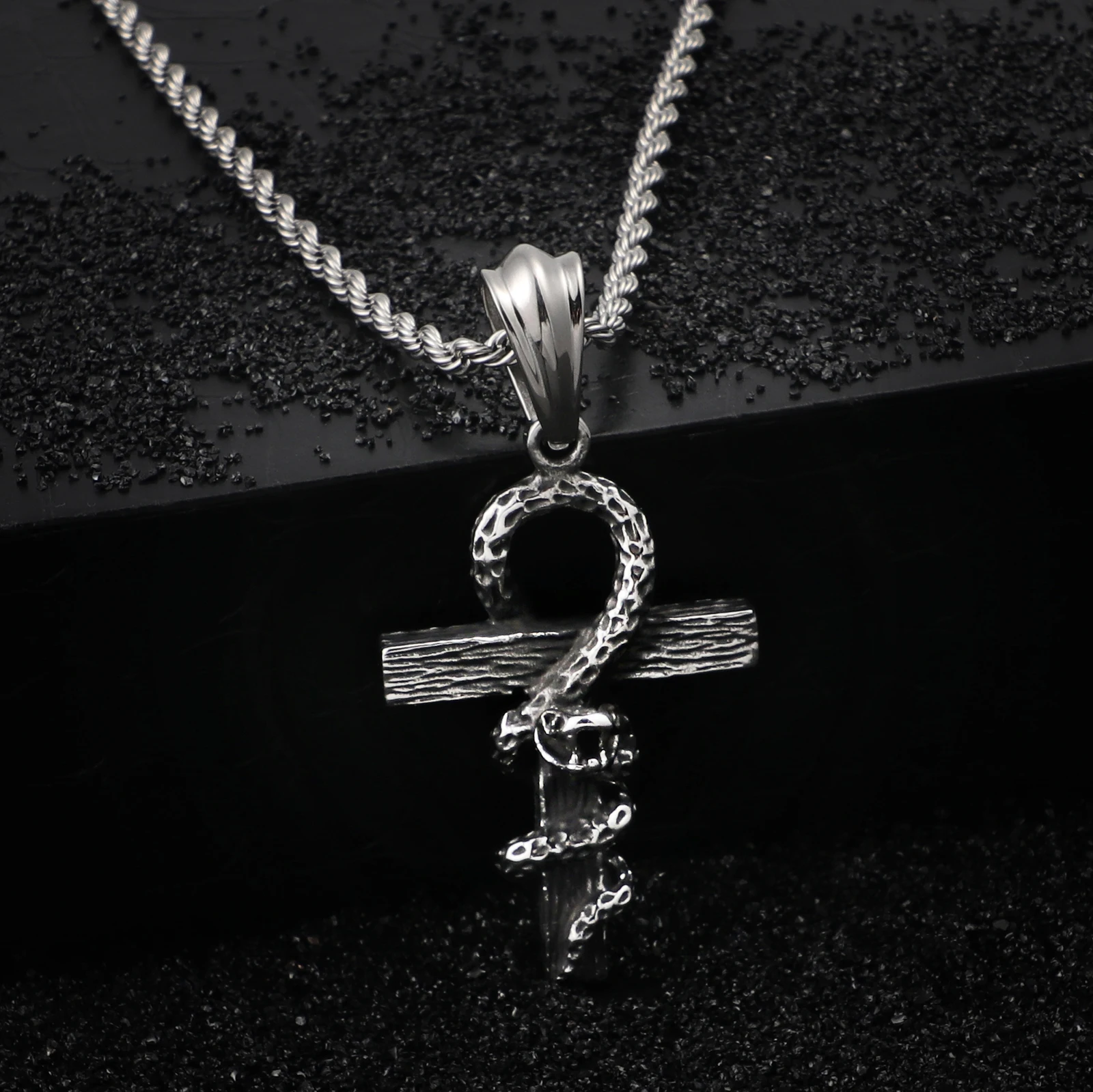 

HaoYi Vintage Snake Shape Egypt Cruz Pendant Necklace Gothic 316L Stainless Steel Punk Men's Jewelry