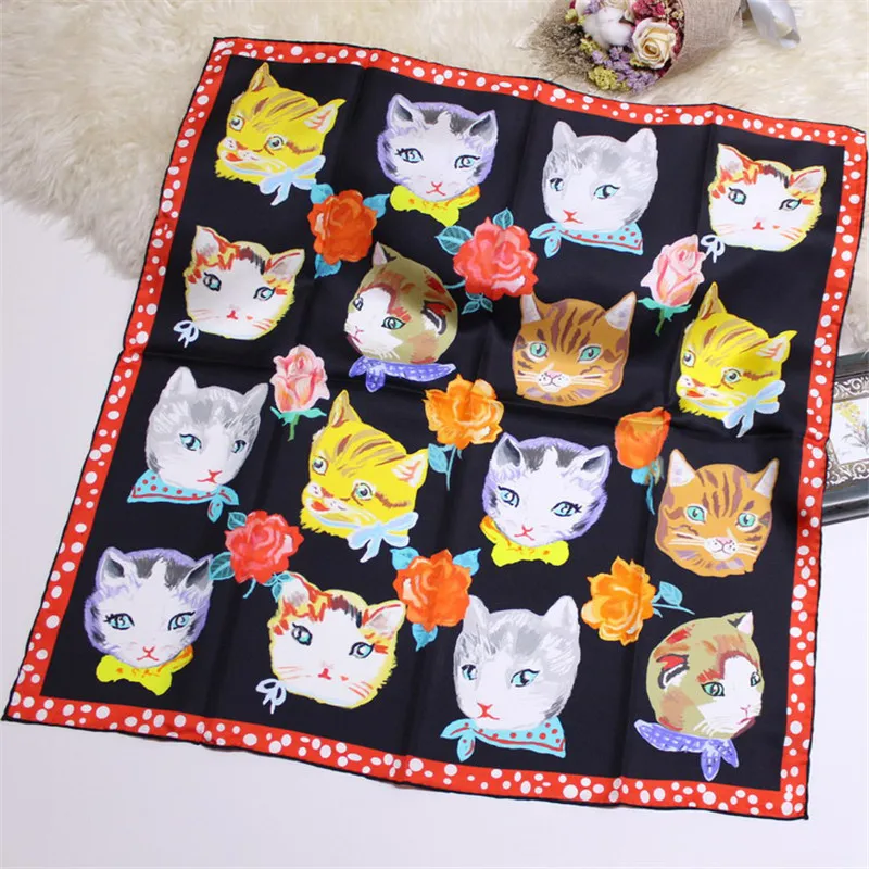 

100% Pure Silk Scarf Women Cat Print Square Scarves Wraps Small Head Handkerchief Wholesale Hijabs Silk Foulards Bandana 70x70CM