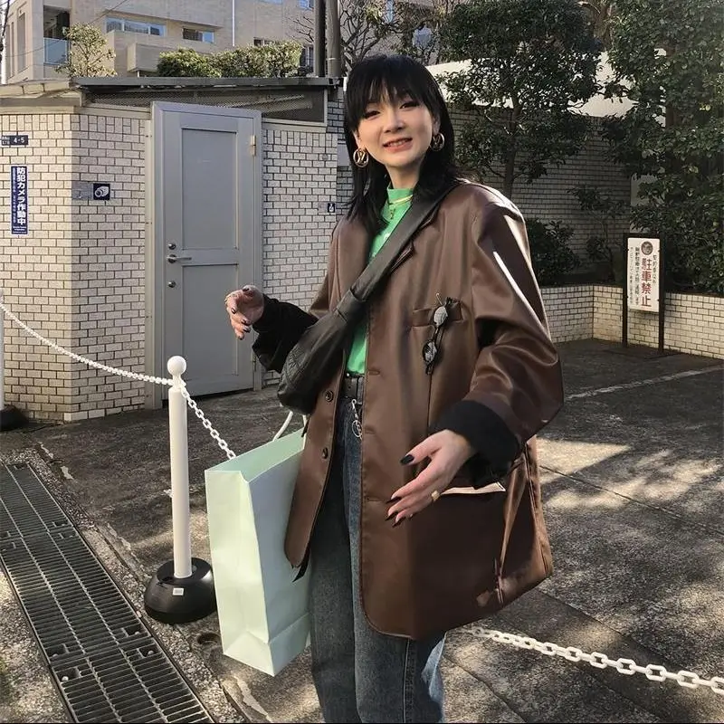 Куртка женская Свободная из ПУ кожи винтажная шикарная мотокуртка модная