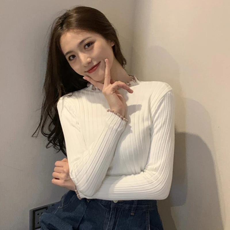 

Lucyever Winter Thicken Warm Knitted Bottoming Sweaters Woman 2020 New Auricularia Collar Pullovers Women Slim Ribbed Tops Lady