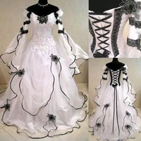vintage plus size gothic a line wedding dresses with long sleeves black lace corset back retro gothic bridal gowns wedding dress