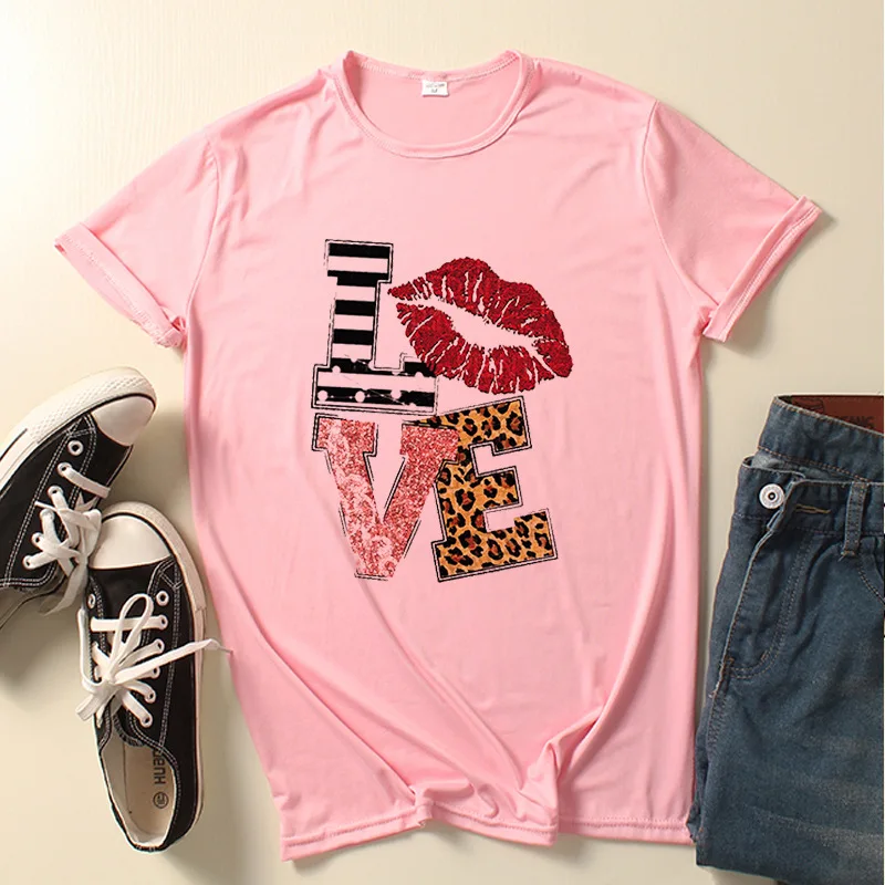 

Love Plaid Leopard Letter Print Women T Shirt Short Sleeve O Neck Loose Women Tshirt Ladies Tee Shirt Clothes Camisetas Mujer