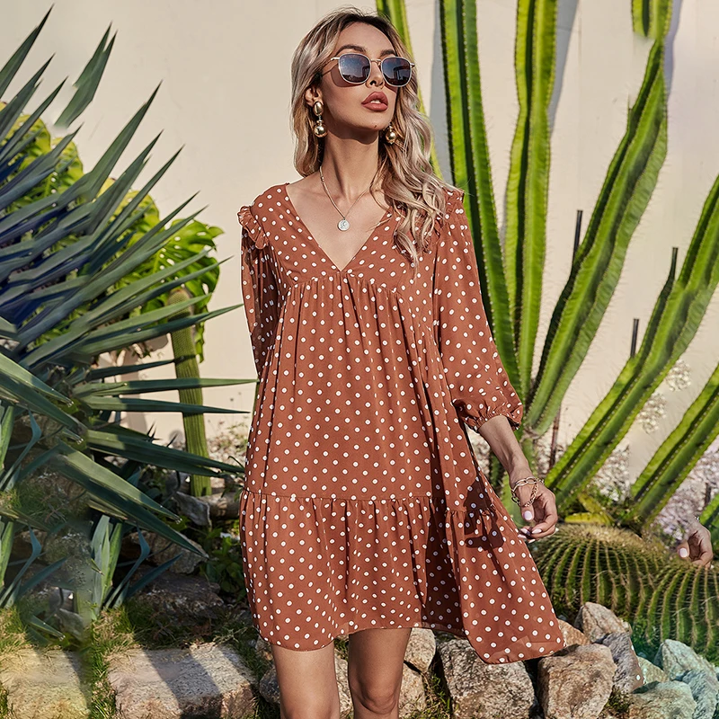

Women Casual Loose Polka Dot Dress V Neck Pleated Chiffon Dress Lantern Half Sleeve Mini Beach Dress Summer Robe Femme