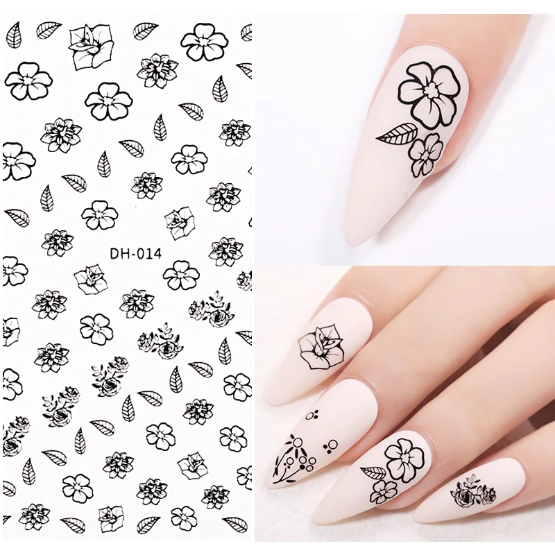 3D наклейки для ногтей с буквенным дизайном черные цветы линия Переводные
