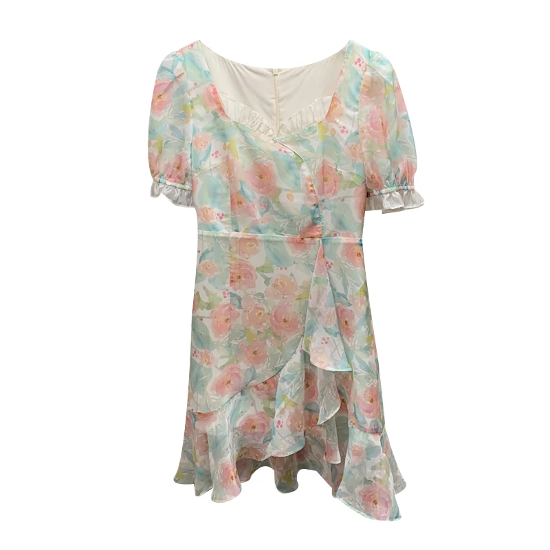 

Summer Elegant Sweet Floral Dress Women Kawaii Lace Up Designer Split Dress Female Casual Puff Sleeve Party Holiday Dress 2021