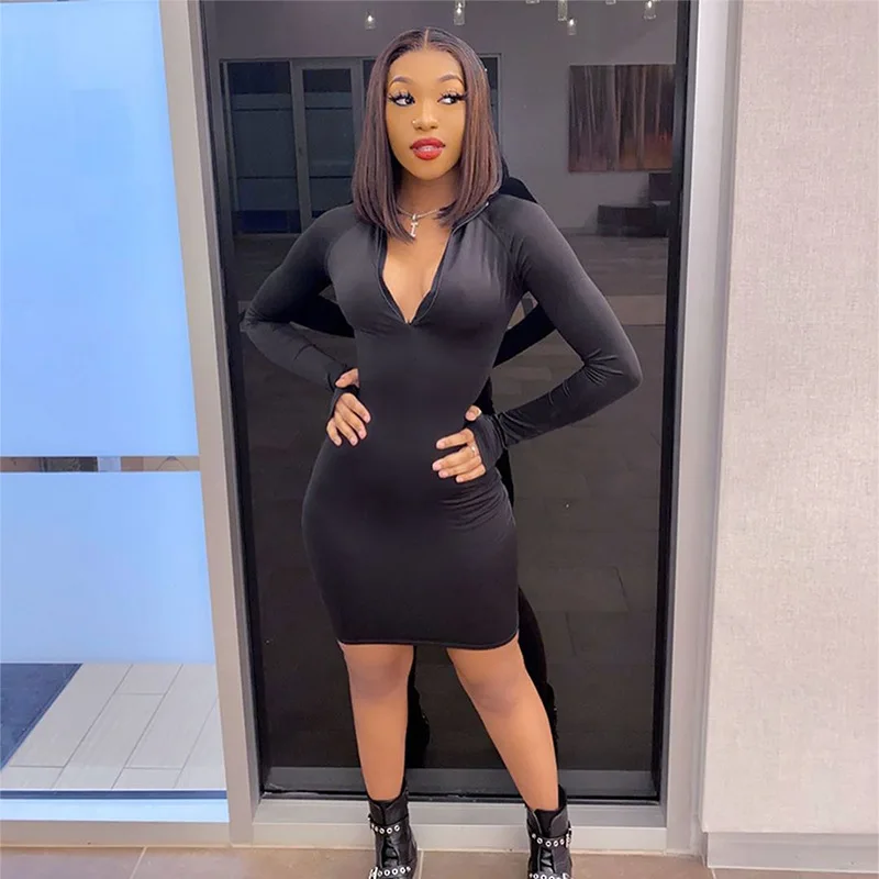 Женское облегающее платье на молнии с V-образным вырезом соблазнительное черное