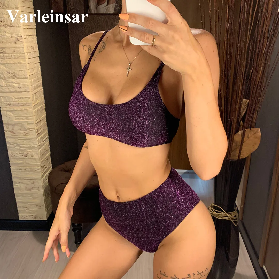 

6 Colors Glitter Sparkling Female Swimsuit High Waist Bikini Women Swimwear Two-pieces Bikini set Bather Bathing Suit V2296P