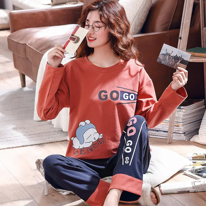 Style 2033 Пижамный комплект, Женский хлопковый весенне-осенний костюм из двух предметов с длинными рукавами, большие размеры, зимние студенческие милые брюки и топ, одежда для сна - Цвет: Style 2033